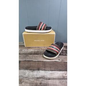 Women MK Michael Kors Tyra Slide Sandals Mini MK Logo Brown Multi 8M